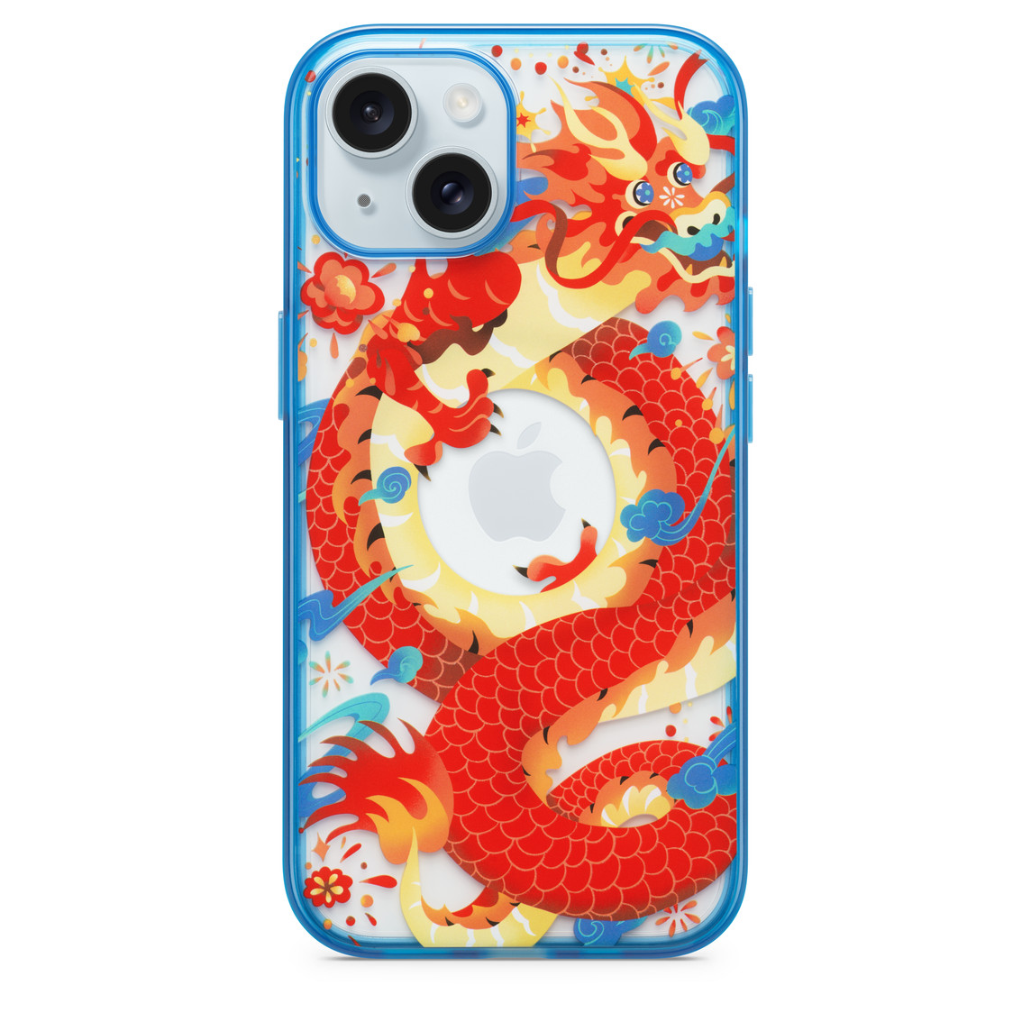适用于 iPhone 15 的 OtterBox Lumen 系列保护壳的背面，展示多彩配色的龙年春节图案设计和两个镜头。